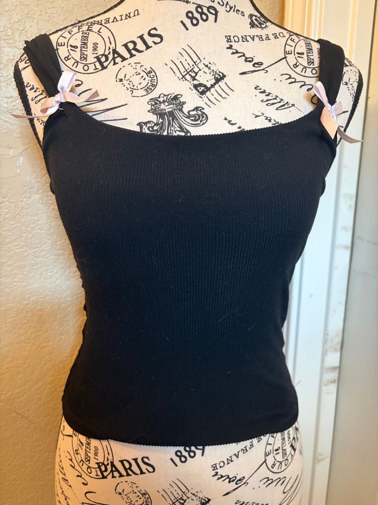 Gaze Black Ribbed Tank With Pale Pink Bow Straps